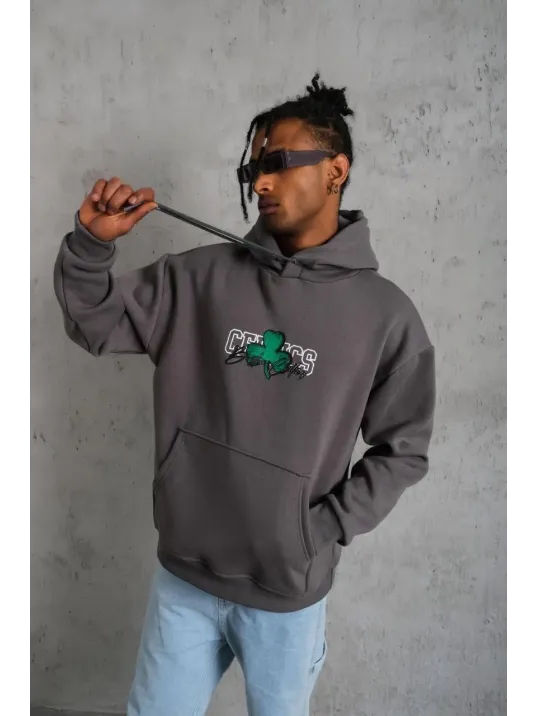 Erkek Baskılı Kapüşonlu Ve Kordon İpli Sweat - Gri