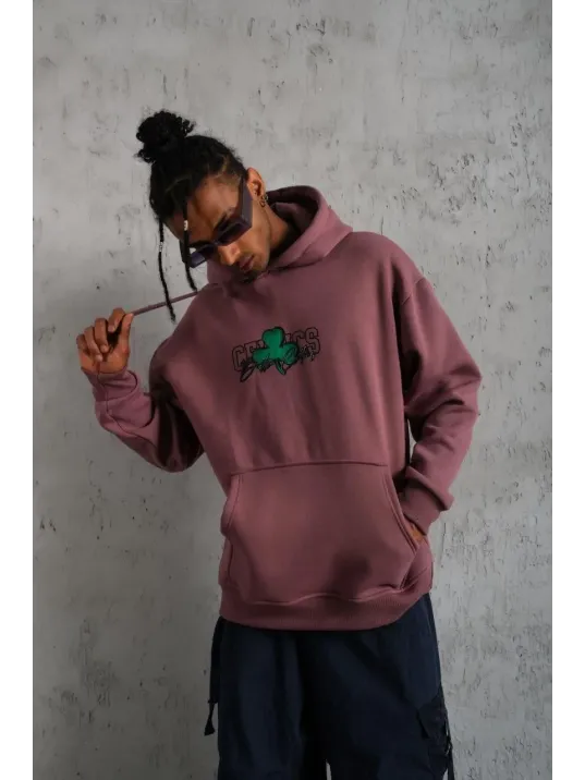 Erkek Baskılı Kapüşonlu Ve Kordon İpli Sweat - Gül Kurusu
