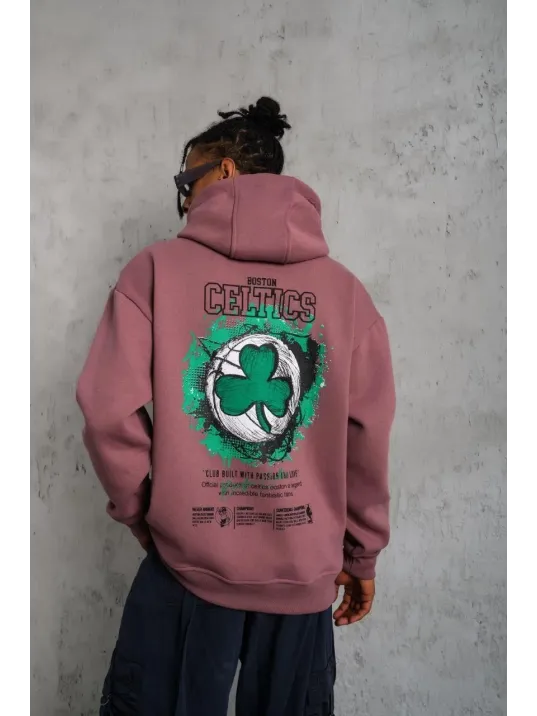 Erkek Baskılı Kapüşonlu Ve Kordon İpli Sweat - Gül Kurusu