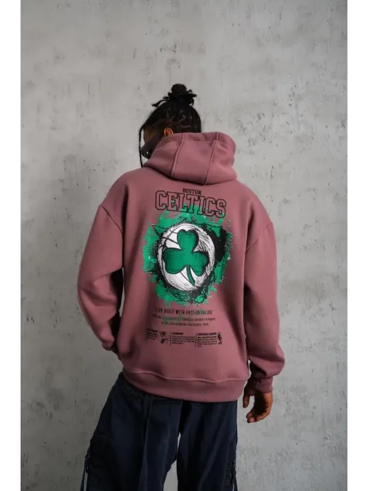 Erkek Baskılı Kapüşonlu Ve Kordon İpli Sweat - Gül Kurusu