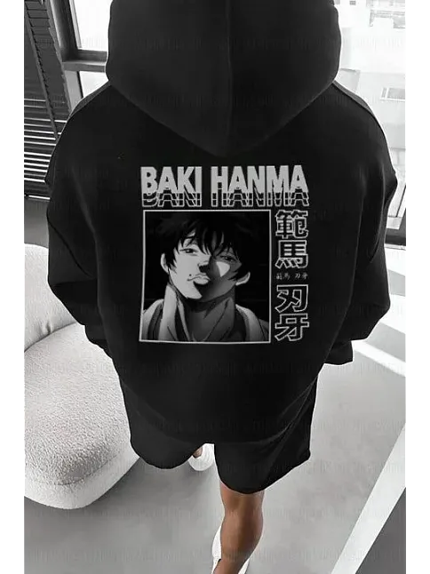 Erkek Baskılı Kapüşonlu Ve Kordon İpli Sweat - Siyah