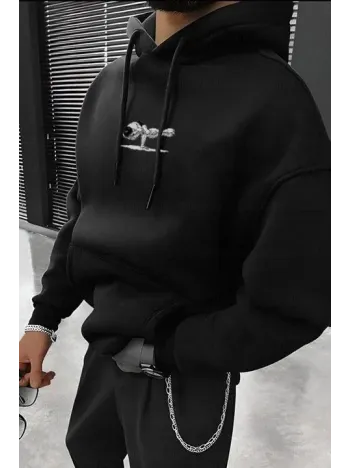 Erkek Baskılı Kapüşonlu ve Kordon İpli Sweat - Siyah Erkek Baskılı Kapüşonlu ve Kordon İpli Sweat - Siyah