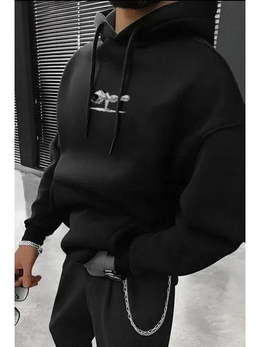 Erkek Baskılı Kapüşonlu ve Kordon İpli Sweat - Siyah Erkek Baskılı Kapüşonlu ve Kordon İpli Sweat - Siyah