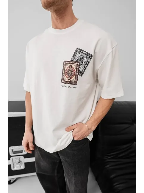 Erkek Baskılı Oversize T-shirt - Beyaz