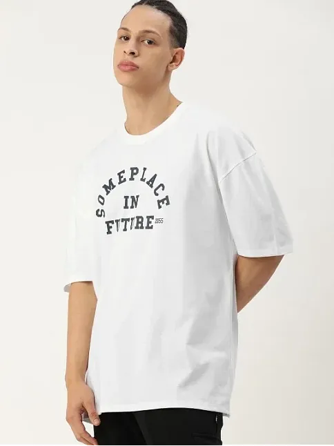 Erkek Baskılı Oversize T-shirt - Beyaz