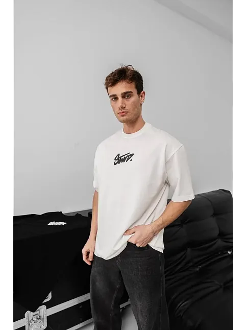 Erkek Baskılı Oversize T-shirt - Beyaz