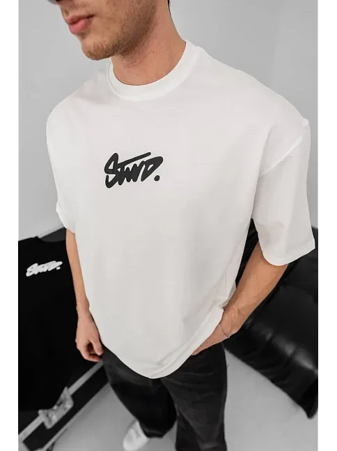 Erkek Baskılı Oversize T-shirt - Beyaz