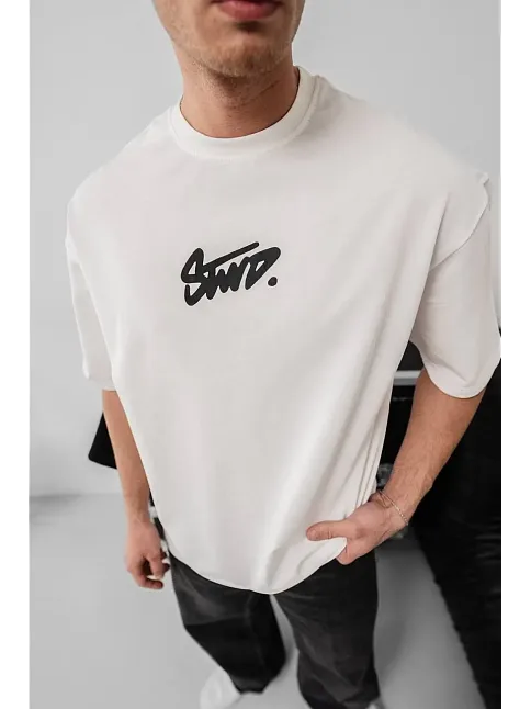 Erkek Baskılı Oversize T-shirt - Beyaz