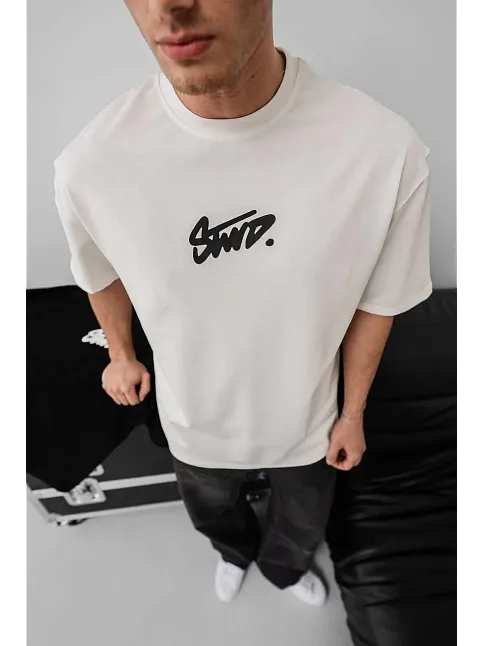 Erkek Baskılı Oversize T-shirt - Beyaz