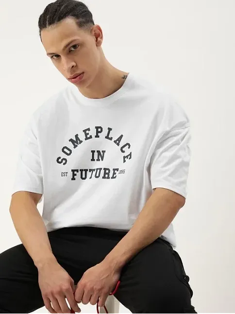 Erkek Baskılı Oversize T-shirt - Beyaz