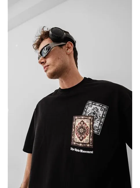 Erkek Baskılı Oversize T-shirt - Siyah
