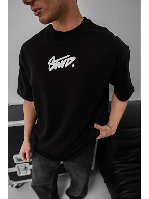 Erkek Baskılı Oversize T-shirt - Siyah