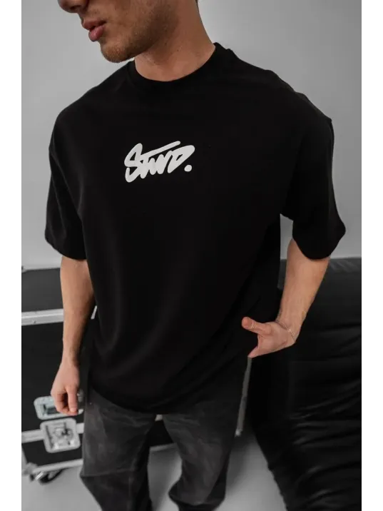 Erkek Baskılı Oversize T-shirt - Siyah