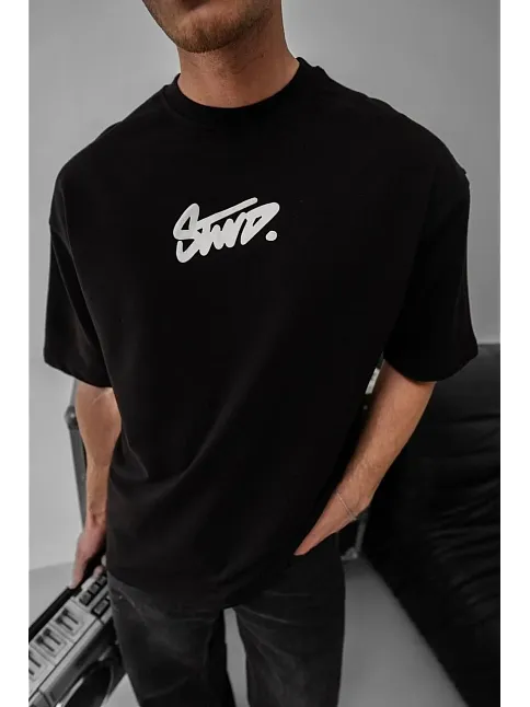 Erkek Baskılı Oversize T-shirt - Siyah