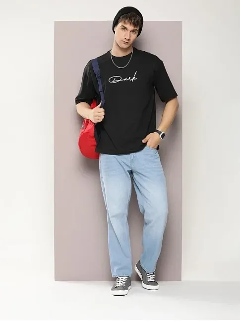 Erkek Baskılı Oversize T-shirt - Siyah