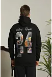 Erkek Baskılı Oversize Üç İplik Kapüşonlu Sweatshirt - Siyah
