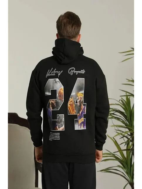 Erkek Baskılı Oversize Üç İplik Kapüşonlu Sweatshirt - Siyah