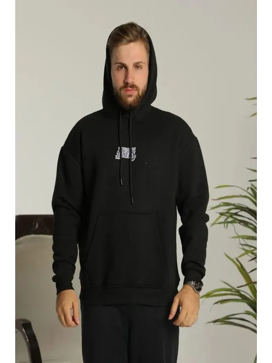 Erkek Baskılı Oversize Üç İplik Kapüşonlu Sweatshirt - Siyah