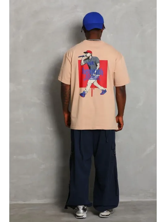 Unisex Oversize Baskılı Bisiklet Yaka T-Shirt - Bej Unisex Oversize Baskılı Bisiklet Yaka T-Shirt - Bej