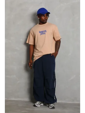 Unisex Oversize Baskılı Bisiklet Yaka T-Shirt - Bej