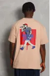 Unisex Oversize Baskılı Bisiklet Yaka T-shirt - Bej