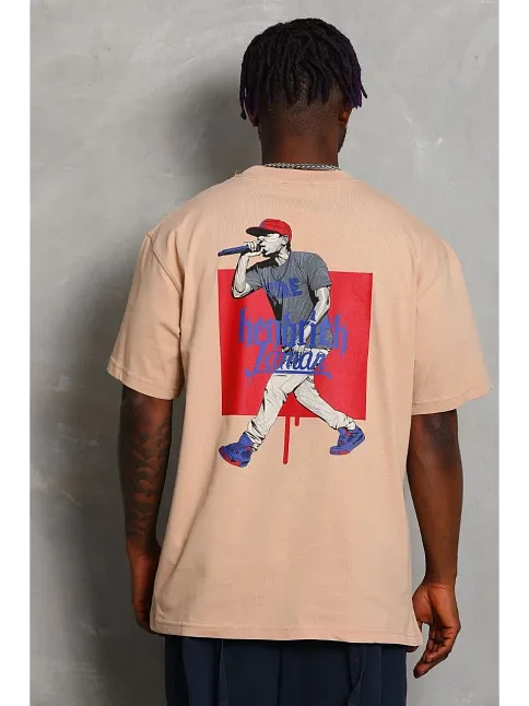 Erkek Baskılı Tişort Kısa Kol Bisiklet Yaka Ovarsize T-shirt -  Bej
