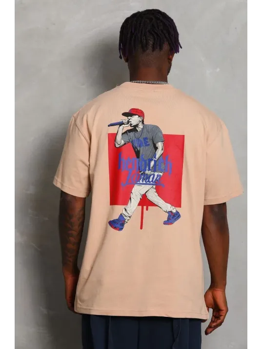 Unisex Oversize Baskılı Bisiklet Yaka T-Shirt - Bej Unisex Oversize Baskılı Bisiklet Yaka T-Shirt - Bej