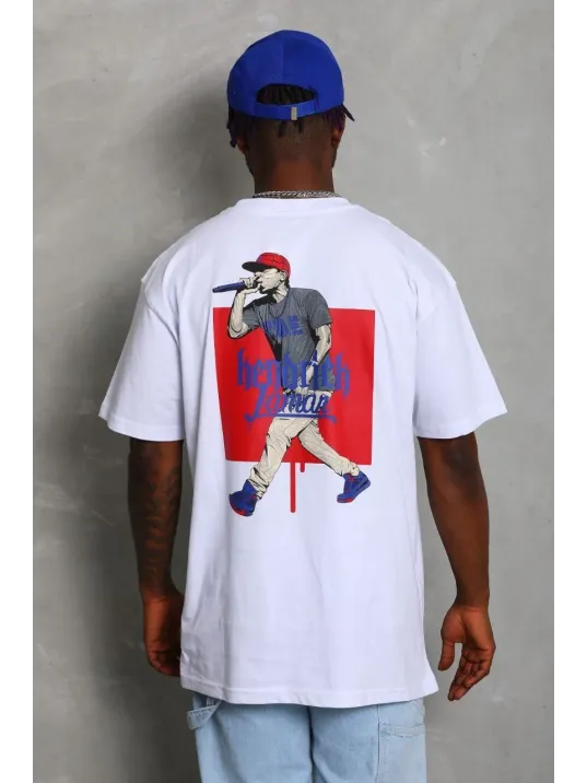 Unisex Oversize Baskılı Bisiklet Yaka T-Shirt - Beyaz Unisex Oversize Baskılı Bisiklet Yaka T-Shirt - Beyaz