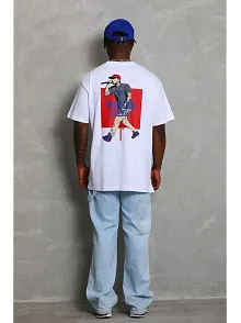 Erkek Baskılı Tişort Kısa Kol Bisiklet Yaka Ovarsize T-shirt -  Beyaz