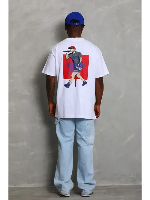 Erkek Baskılı Tişort Kısa Kol Bisiklet Yaka Ovarsize T-shirt -  Beyaz
