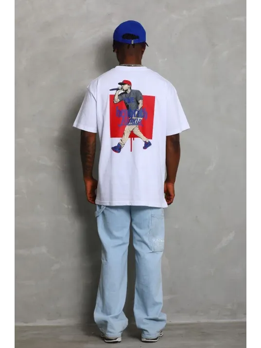 Unisex Oversize Baskılı Bisiklet Yaka T-Shirt - Beyaz Unisex Oversize Baskılı Bisiklet Yaka T-Shirt - Beyaz