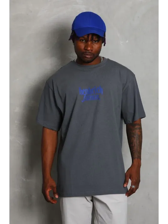 Unisex Oversize Baskılı Bisiklet Yaka T-Shirt - Füme Unisex Oversize Baskılı Bisiklet Yaka T-Shirt - Füme