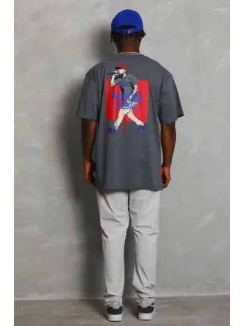 Unisex Oversize Baskılı Bisiklet Yaka T-Shirt - Füme