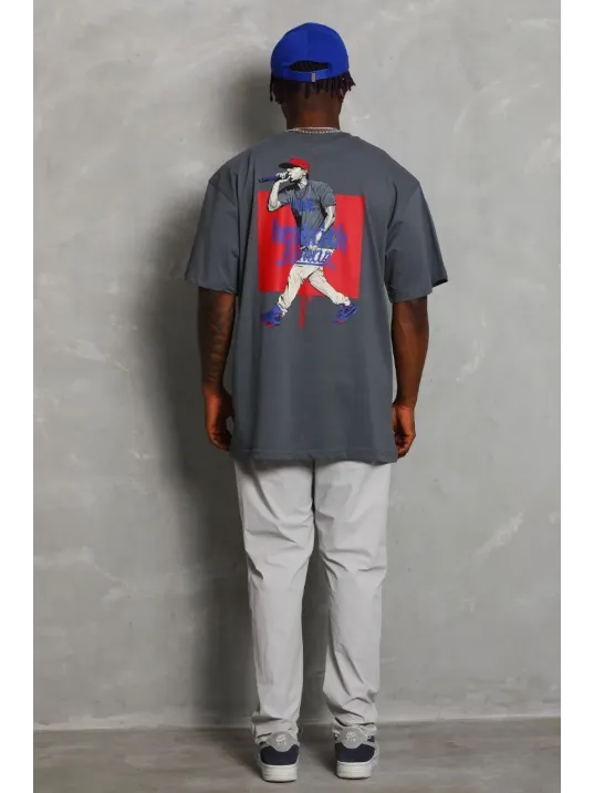 Unisex Oversize Baskılı Bisiklet Yaka T-Shirt - Füme Unisex Oversize Baskılı Bisiklet Yaka T-Shirt - Füme