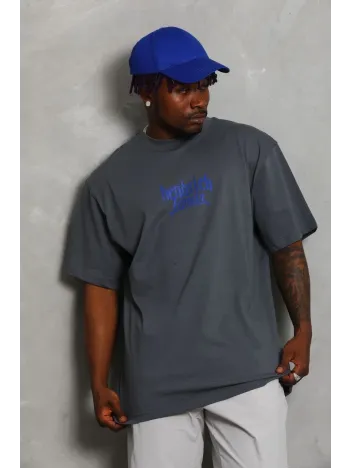 Unisex Oversize Baskılı Bisiklet Yaka T-Shirt - Füme Unisex Oversize Baskılı Bisiklet Yaka T-Shirt - Füme