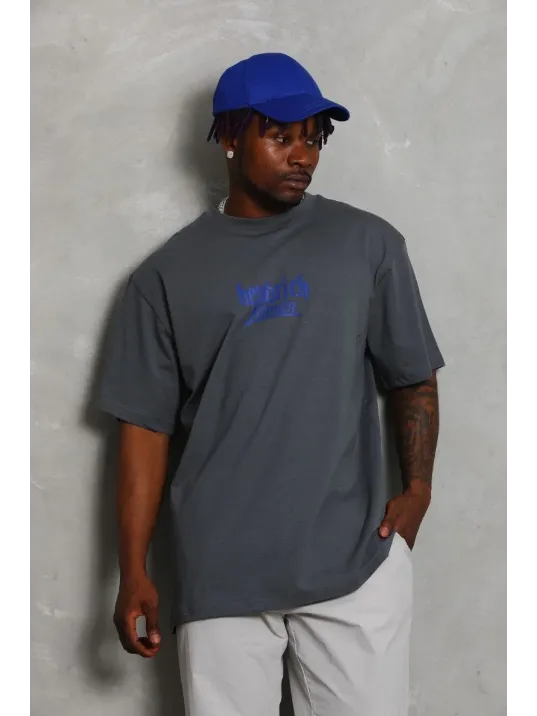 Unisex Oversize Baskılı Bisiklet Yaka T-Shirt - Füme Unisex Oversize Baskılı Bisiklet Yaka T-Shirt - Füme