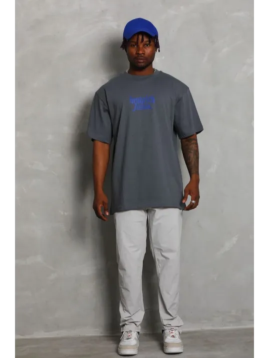 Unisex Oversize Baskılı Bisiklet Yaka T-Shirt - Füme Unisex Oversize Baskılı Bisiklet Yaka T-Shirt - Füme