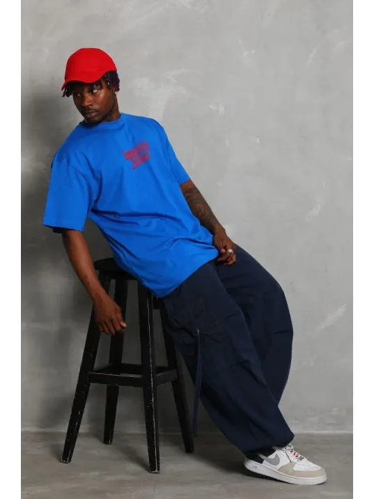 Unisex Oversize Baskılı Bisiklet Yaka T-Shirt - Mavi