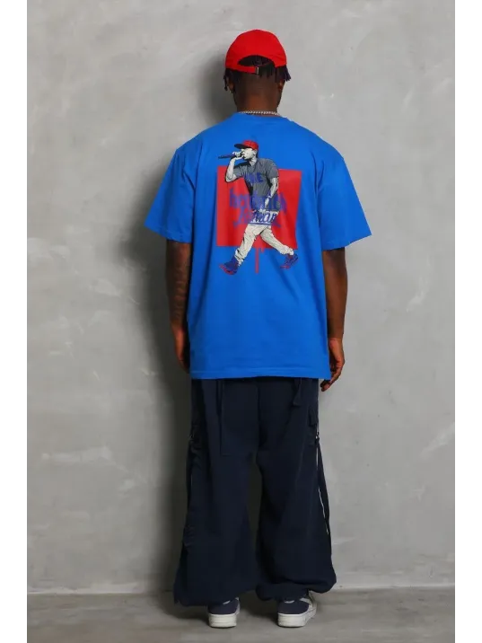 Unisex Oversize Baskılı Bisiklet Yaka T-Shirt - Mavi