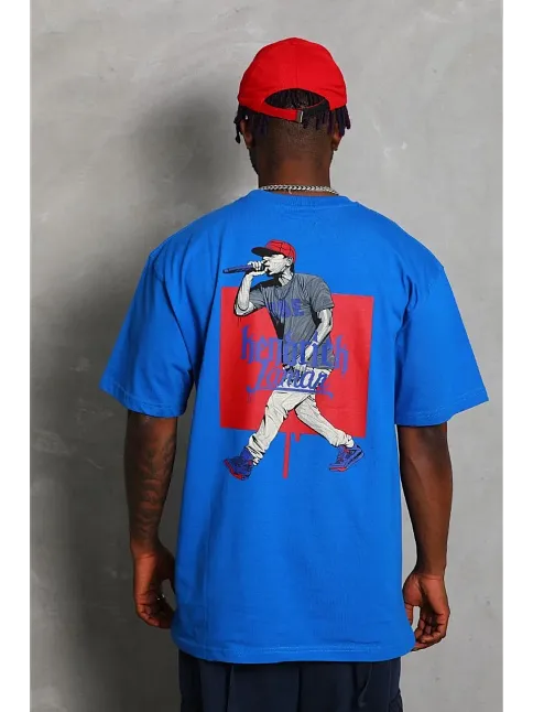 Erkek Baskılı Tişort Kısa Kol Bisiklet Yaka Ovarsize T-shirt - Mavi
