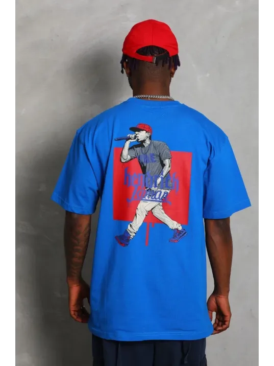 Unisex Oversize Baskılı Bisiklet Yaka T-Shirt - Mavi