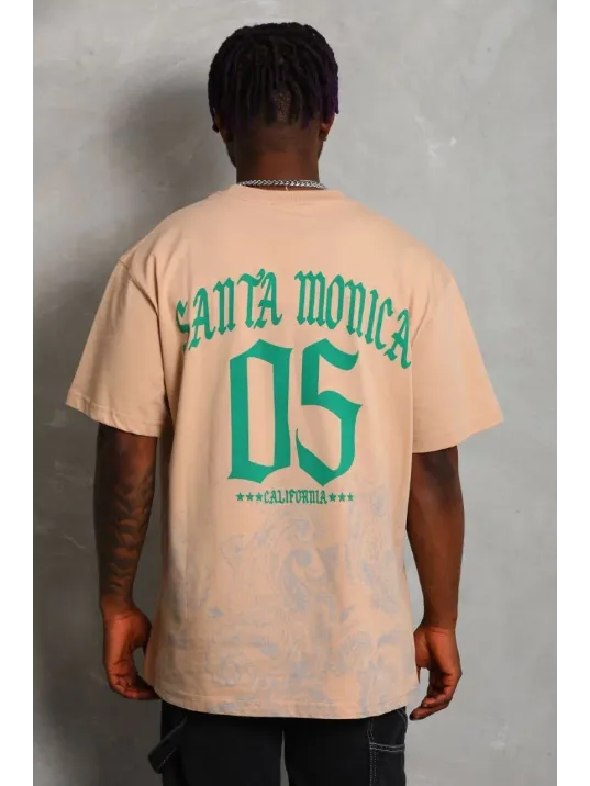 Unisex Oversize Baskılı Bisiklet Yaka T-Shirt - Bej Unisex Oversize Baskılı Bisiklet Yaka T-Shirt - Bej