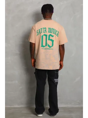 Unisex Oversize Baskılı Bisiklet Yaka T-Shirt - Bej