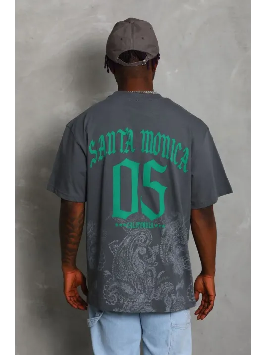 Unisex Oversize Baskılı Bisiklet Yaka T-Shirt - Füme Unisex Oversize Baskılı Bisiklet Yaka T-Shirt - Füme