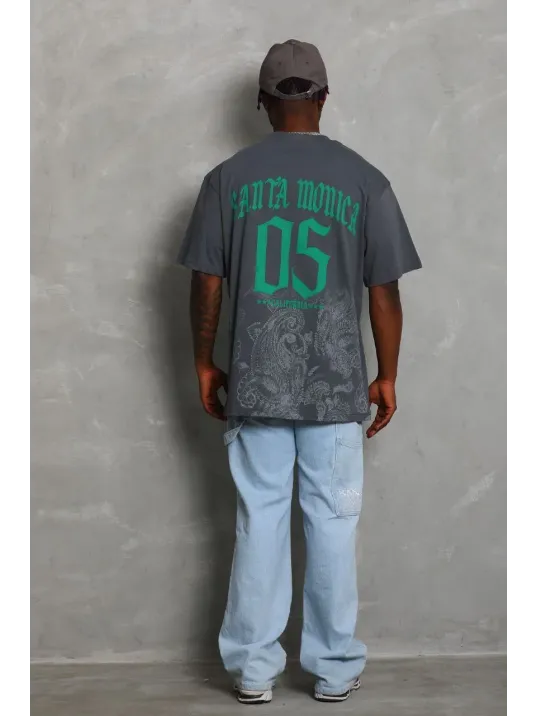 Unisex Oversize Baskılı Bisiklet Yaka T-Shirt - Füme Unisex Oversize Baskılı Bisiklet Yaka T-Shirt - Füme