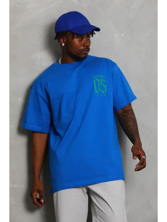 Unisex Oversize Baskılı Bisiklet Yaka T-Shirt - Mavi Unisex Oversize Baskılı Bisiklet Yaka T-Shirt - Mavi