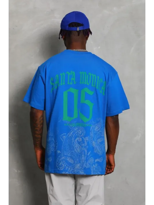 Unisex Oversize Baskılı Bisiklet Yaka T-Shirt - Mavi