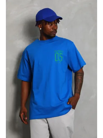 Unisex Oversize Baskılı Bisiklet Yaka T-Shirt - Mavi