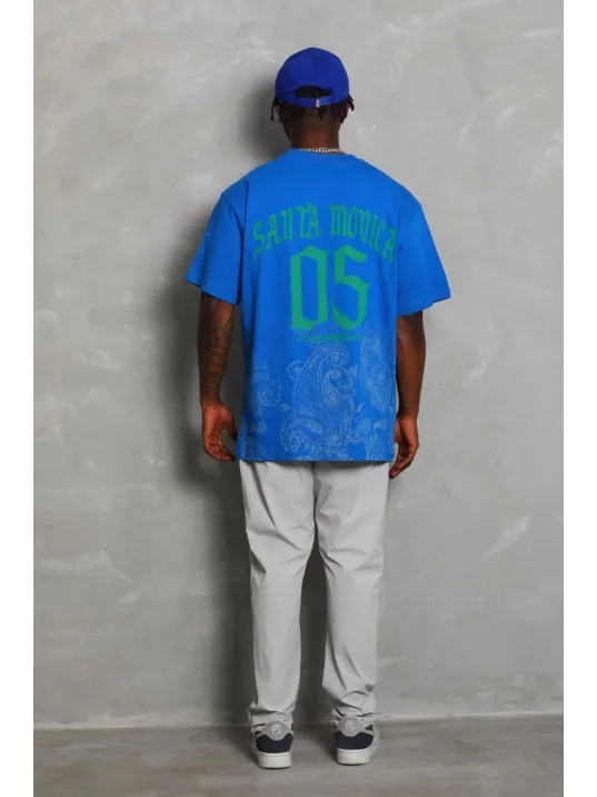 Unisex Oversize Baskılı Bisiklet Yaka T-Shirt - Mavi