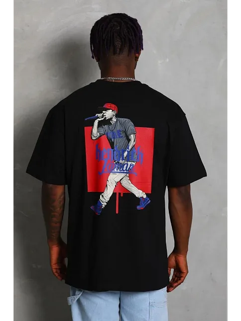 Erkek Baskılı Tişort Kısa Kol Bisiklet Yaka Ovarsize T-shirt - - Siyah
